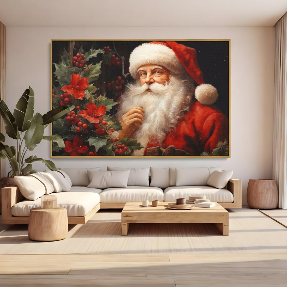 Tablou canvas cu tablou canvas cu mos craciun, in rama de aluminiu auriu, pe perete intr-un living