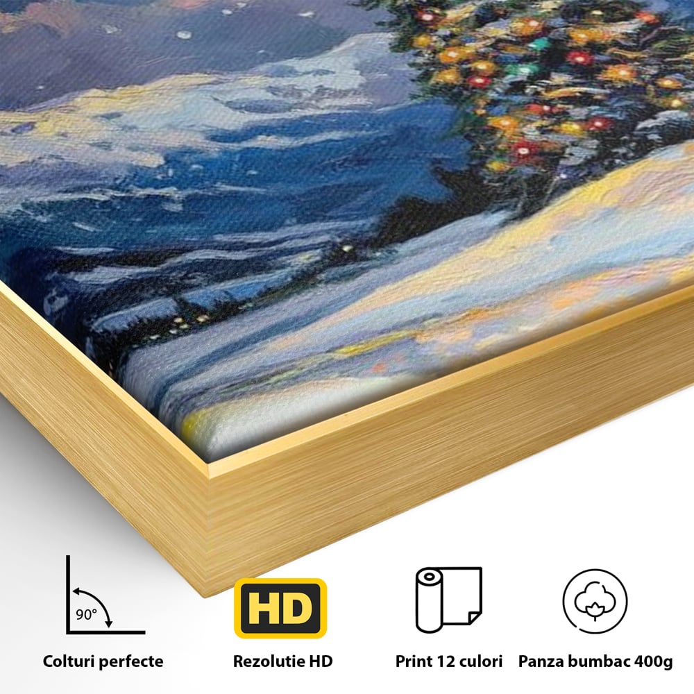 Detaliu al suprafetei: tablou canvas cu brad impodobit noaptea, in rama de aluminiu auriu