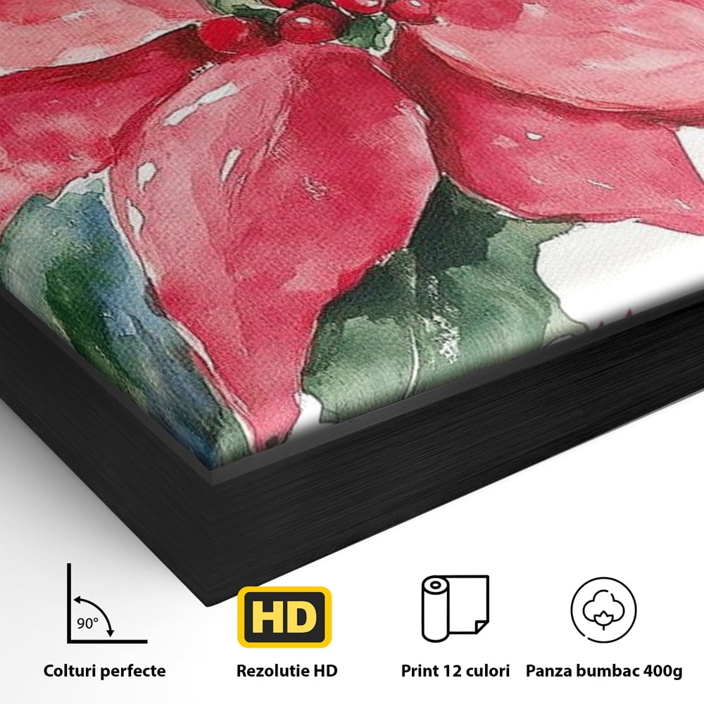 Detaliu al suprafetei: pictura cu floare de craciunita, in rama de aluminiu negru