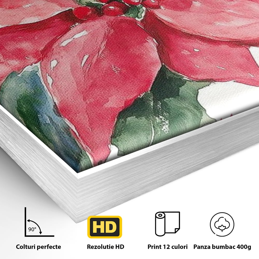 Detaliu al suprafetei: pictura cu floare de craciunita, in rama de aluminiu argintiu