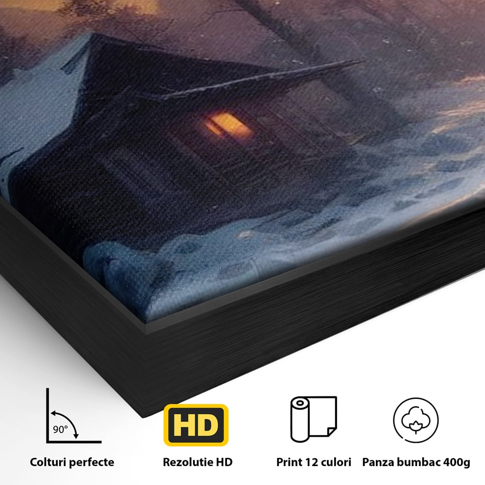 Detaliu al suprafetei: tablou canvas cu cabana inzapezita, in rama de aluminiu negru