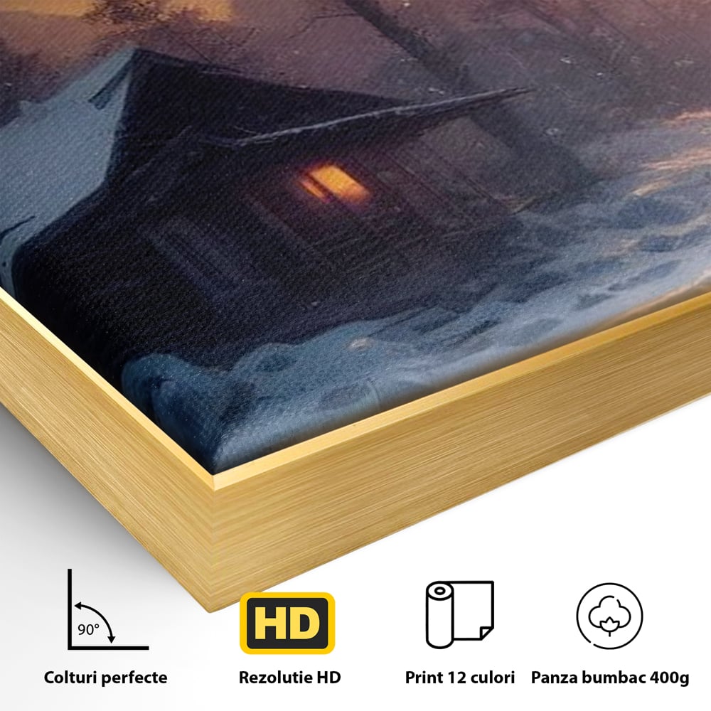 Detaliu al suprafetei: tablou canvas cu cabana inzapezita, in rama de aluminiu auriu