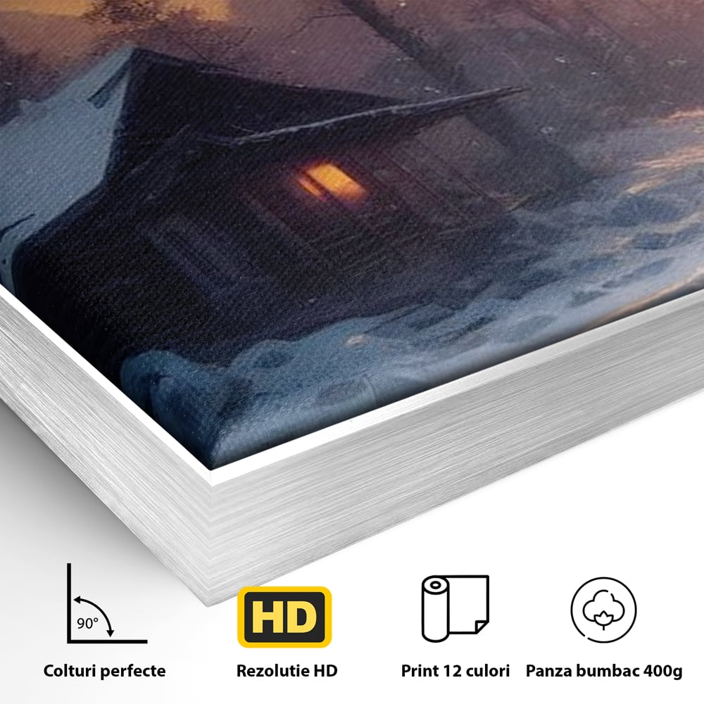 Detaliu al suprafetei: tablou canvas cu cabana inzapezita, in rama de aluminiu argintiu