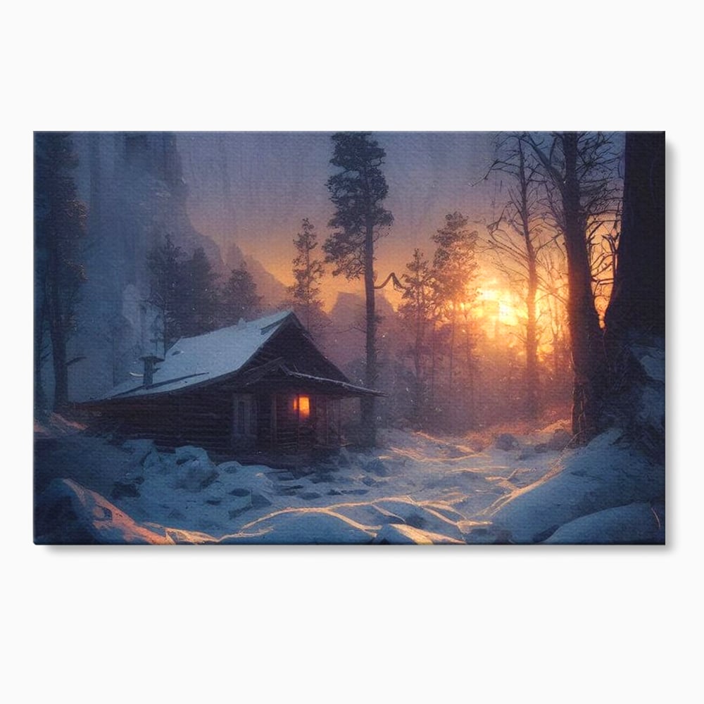 Tablou canvas cu tablou canvas cu cabana inzapezita, fara rama, pe sasiu de lemn