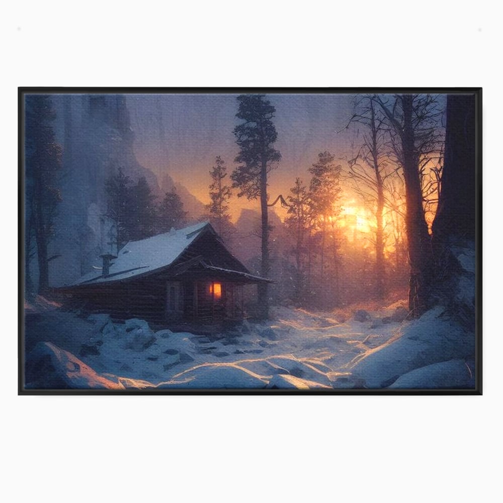 Tablou canvas cu tablou canvas cu cabana inzapezita, in rama de aluminiu negru