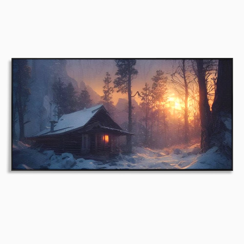 Tablou canvas cu tablou canvas cu cabana inzapezita, in rama de aluminiu negru