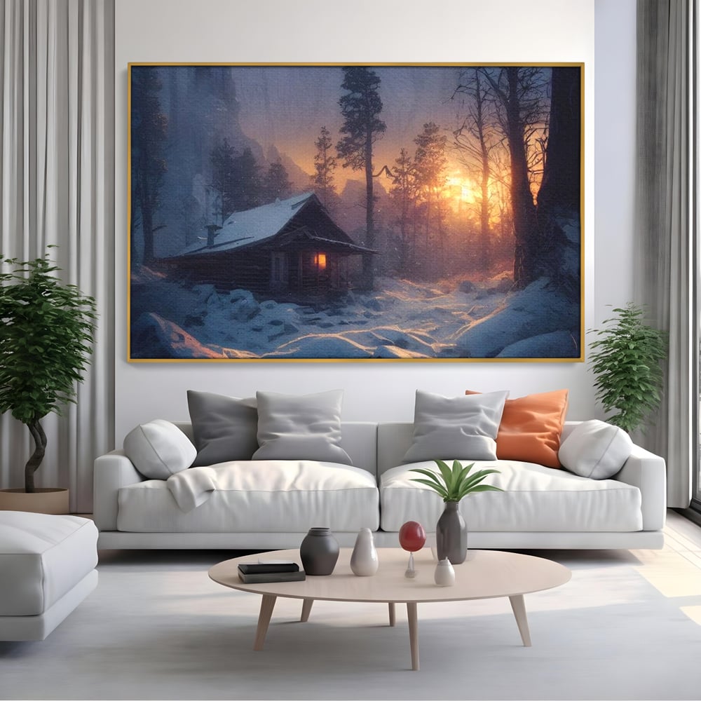 Tablou canvas cu tablou canvas cu cabana inzapezita, in rama de aluminiu auriu, pe perete intr-un living