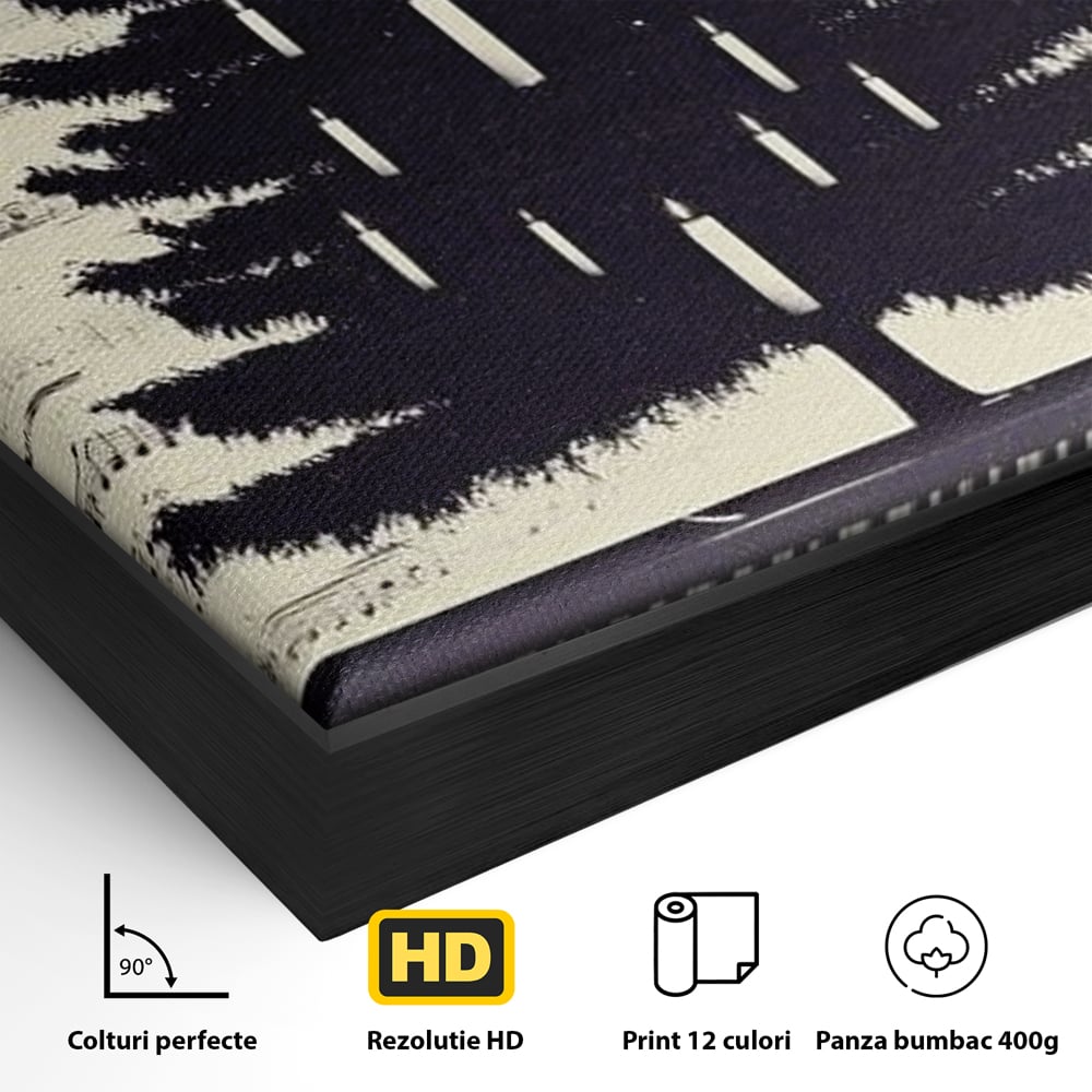 Detaliu al suprafetei: tablou canvas cu brad din clape de pian, in rama de aluminiu negru