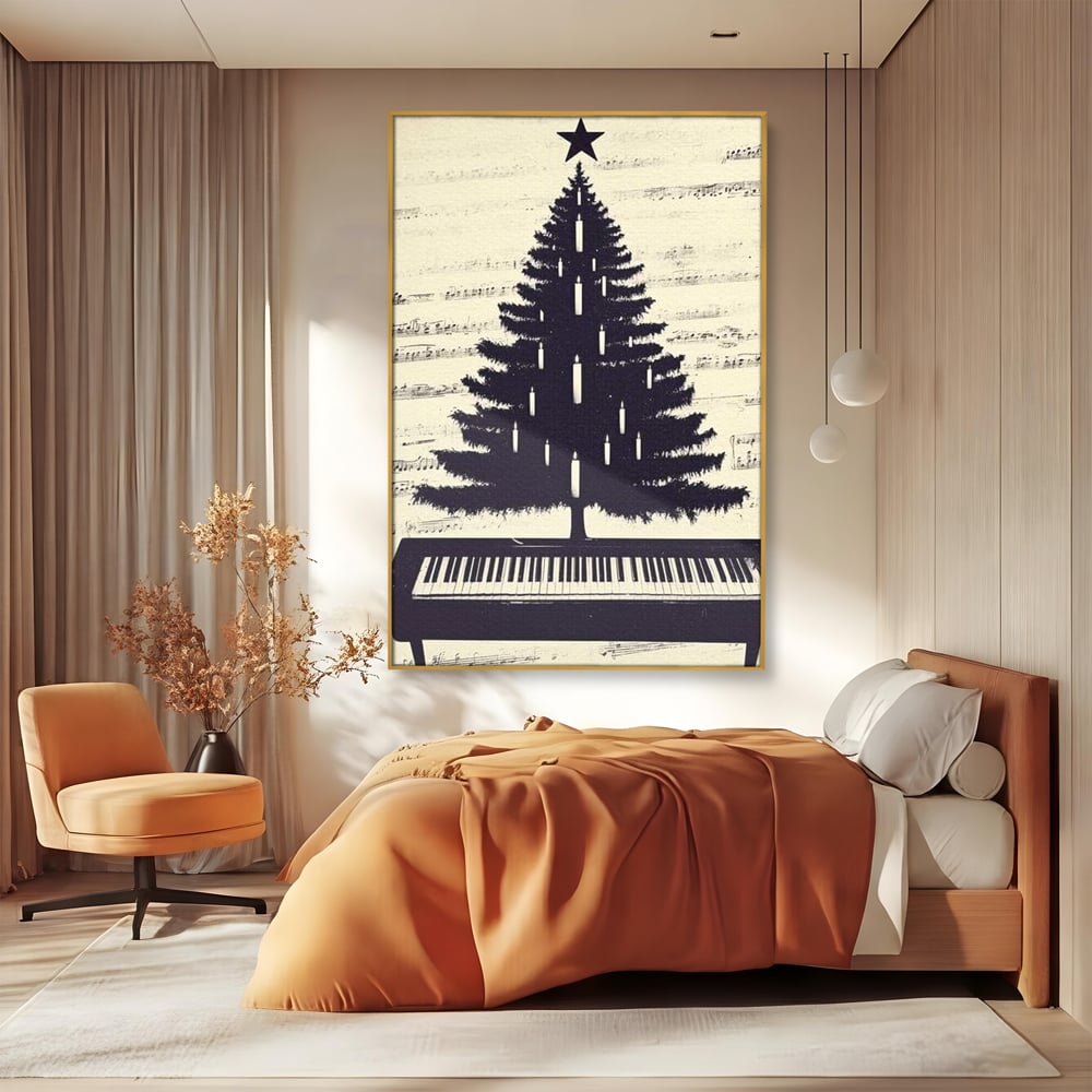 Tablou canvas cu tablou canvas cu brad din clape de pian, in rama de aluminiu auriu, pe perete intr-un dormitor