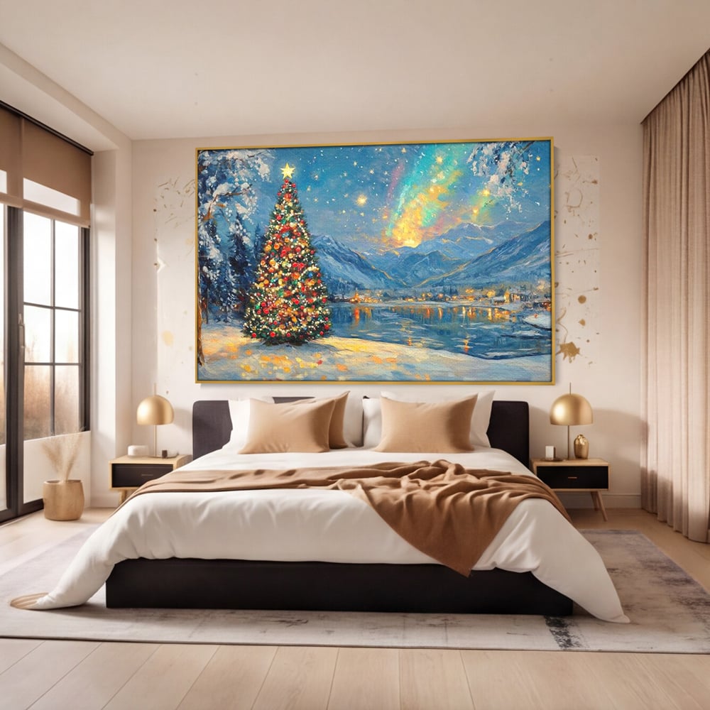 Tablou canvas cu pictura cu brad de craciun pe malul lacului, in rama de aluminiu auriu, pe perete intr-un dormitor