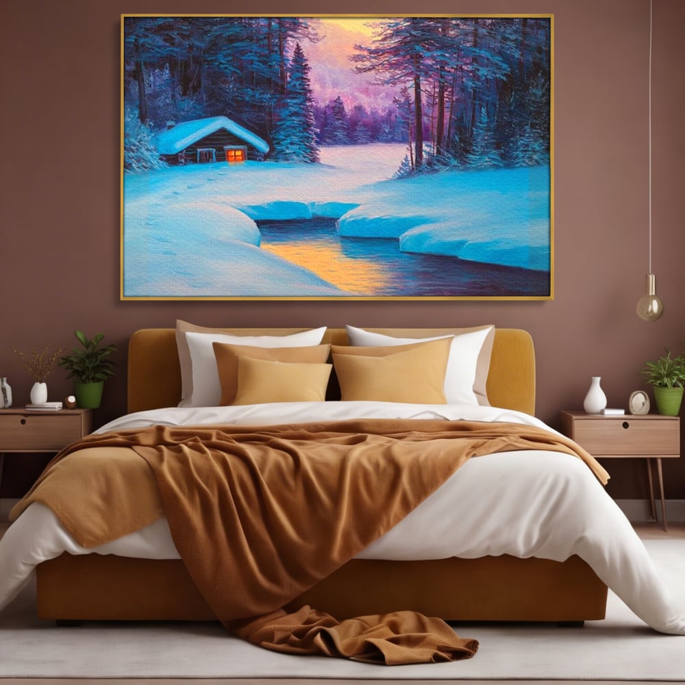 Tablou canvas cu pictura cu cabana inzapezita si parau, in rama de aluminiu auriu, pe perete intr-un dormitor