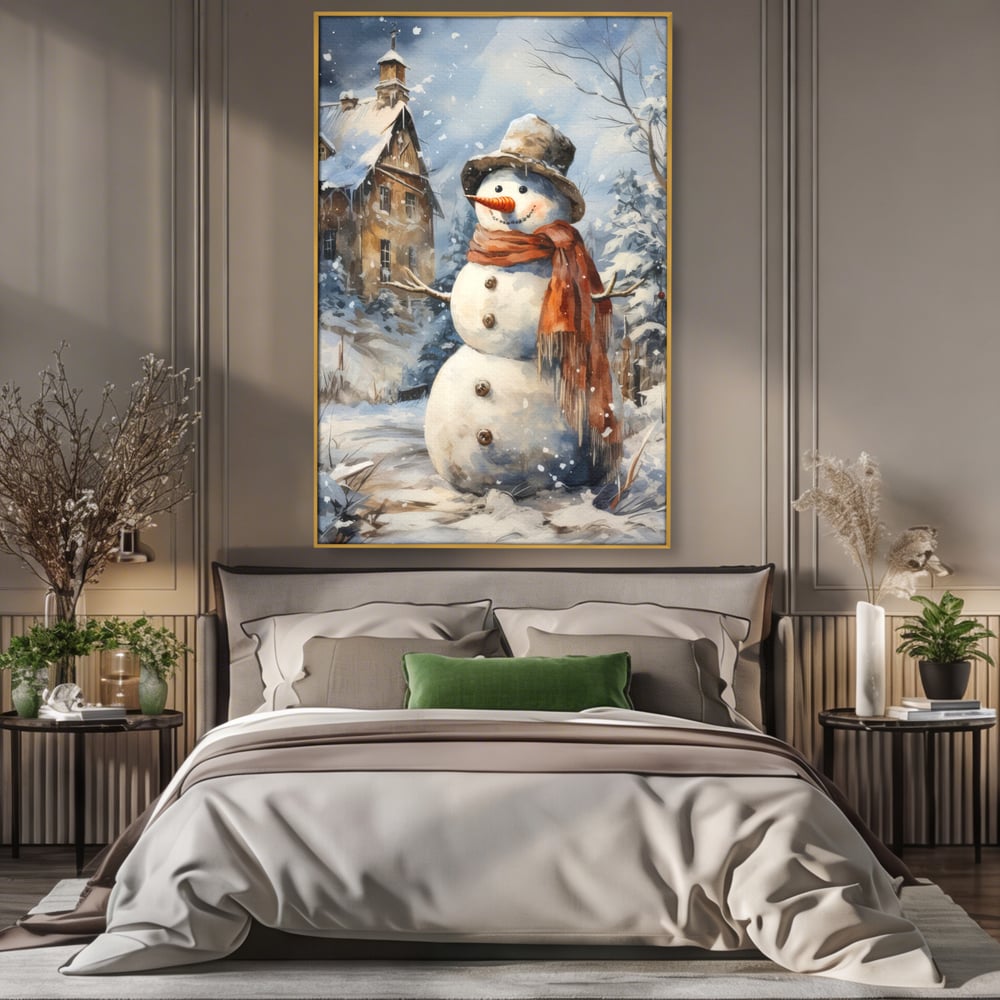 Tablou canvas cu tablou canvas cu om de zapada, in rama de aluminiu auriu, pe perete intr-un dormitor