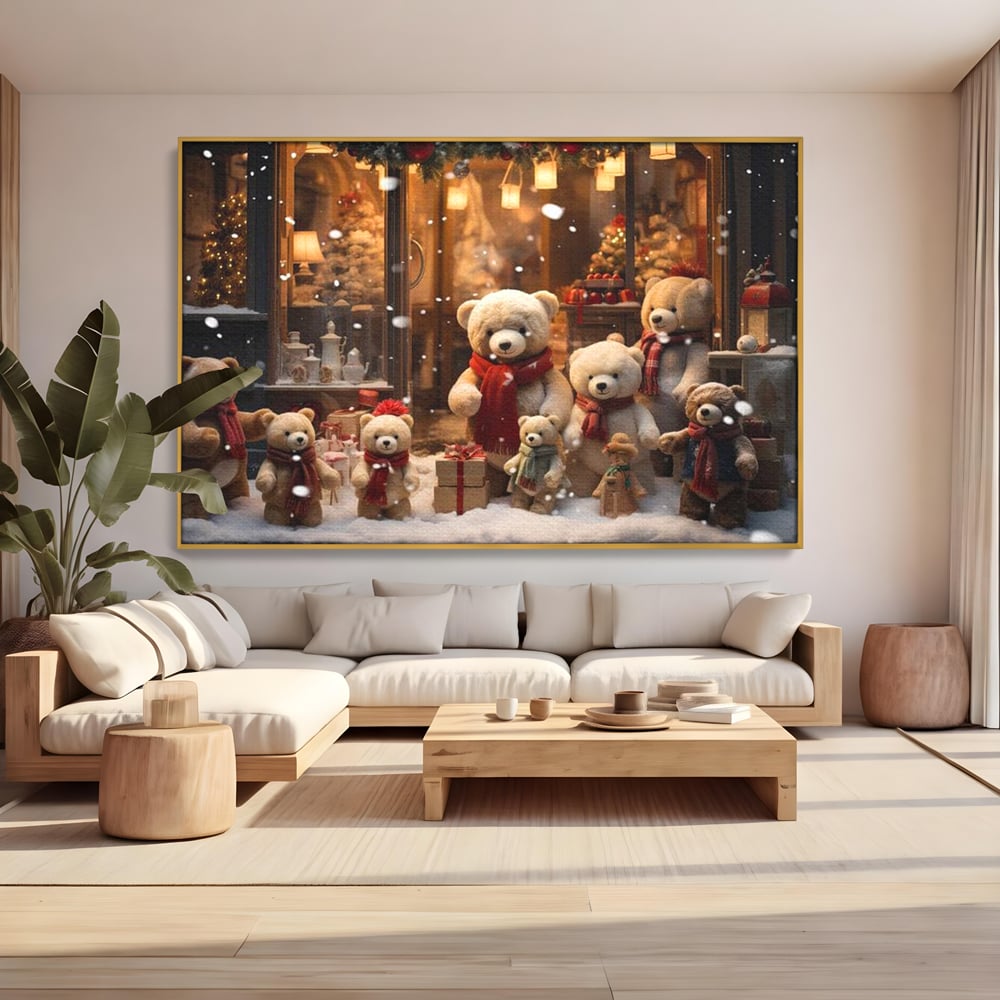 Tablou canvas cu tablou canvas cu ursuleti de craciun, in rama de aluminiu auriu, pe perete intr-un living