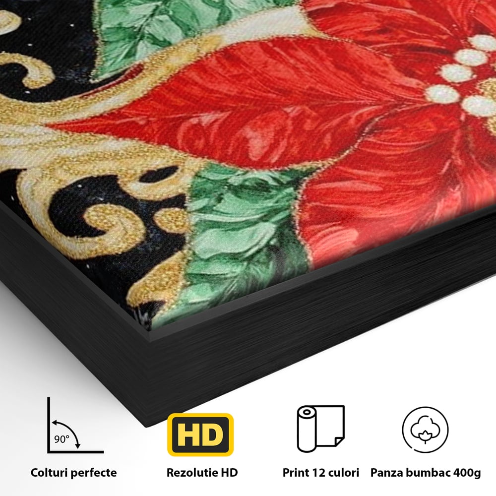 Detaliu al suprafetei: tablou canvas cu craciunite rosii si albe, in rama de aluminiu negru