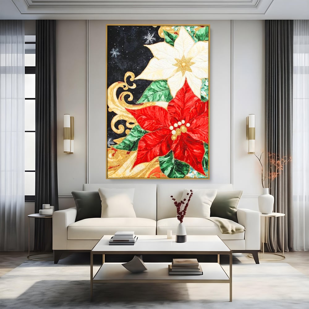 Tablou canvas cu tablou canvas cu craciunite rosii si albe, in rama de aluminiu auriu, pe perete intr-un living