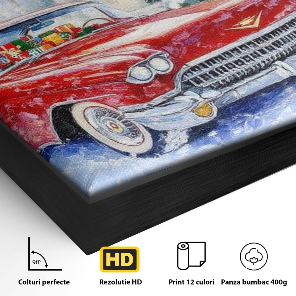 Detaliu al suprafetei: tablou canvas cu masina vintage rosie iarna, in rama de aluminiu negru
