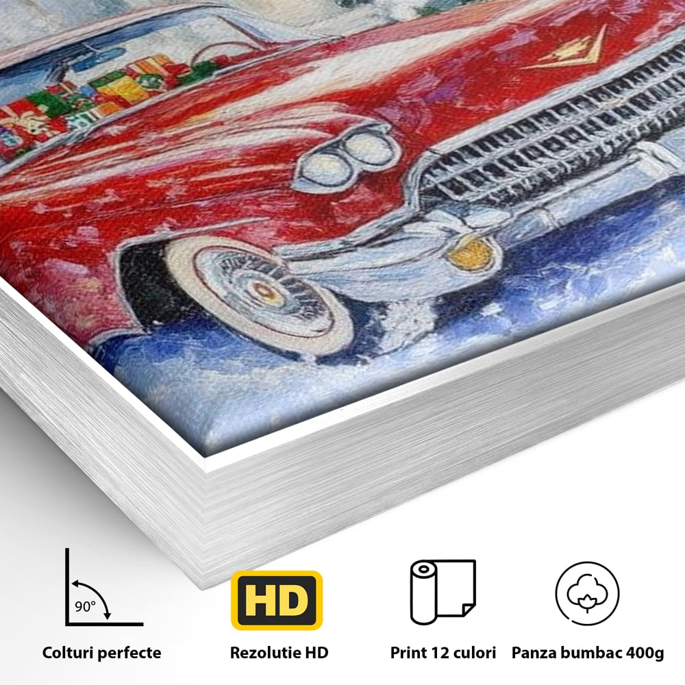 Detaliu al suprafetei: tablou canvas cu masina vintage rosie iarna, in rama de aluminiu argintiu