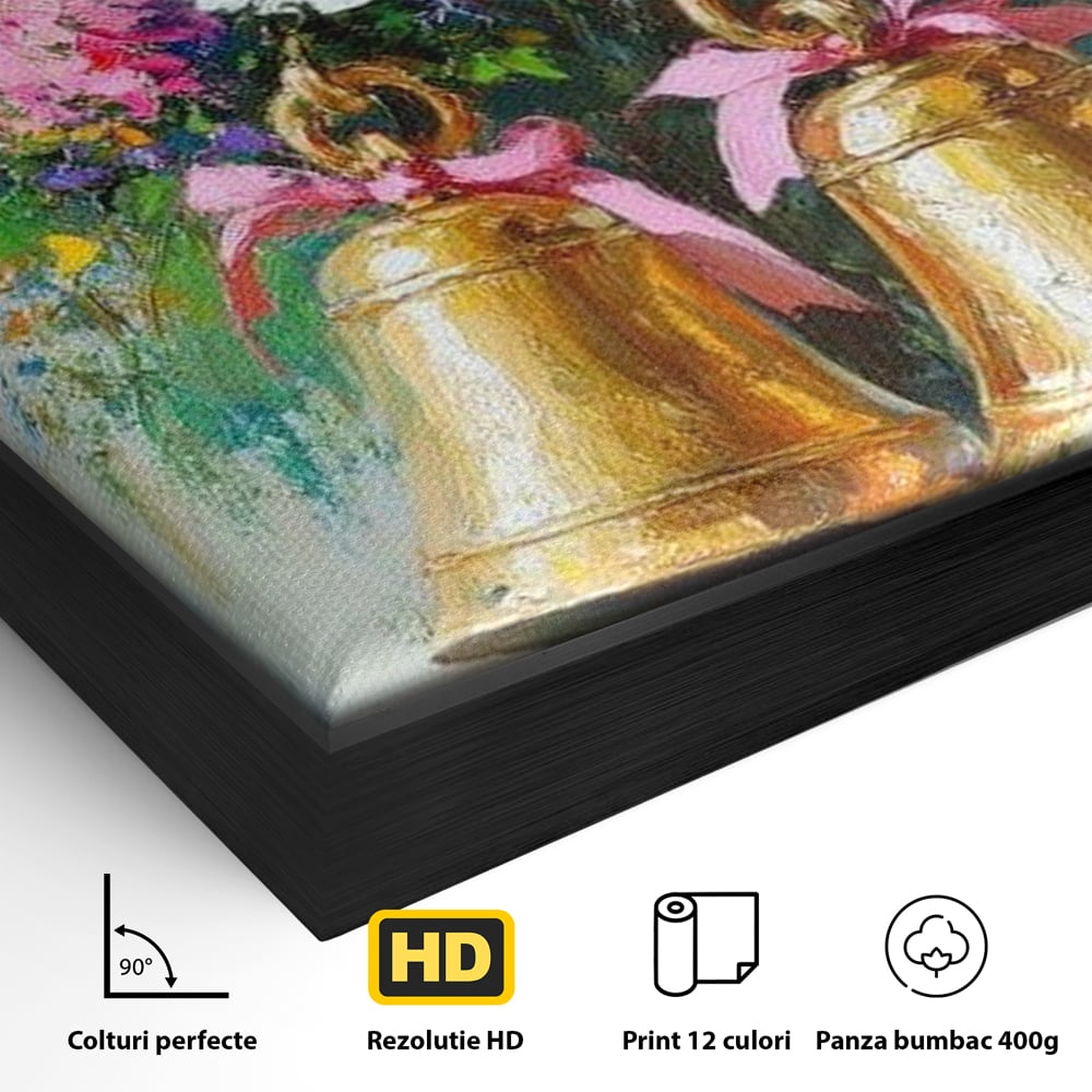 Detaliu al suprafetei: pictura cu clopotei aurii si bujori, in rama de aluminiu negru