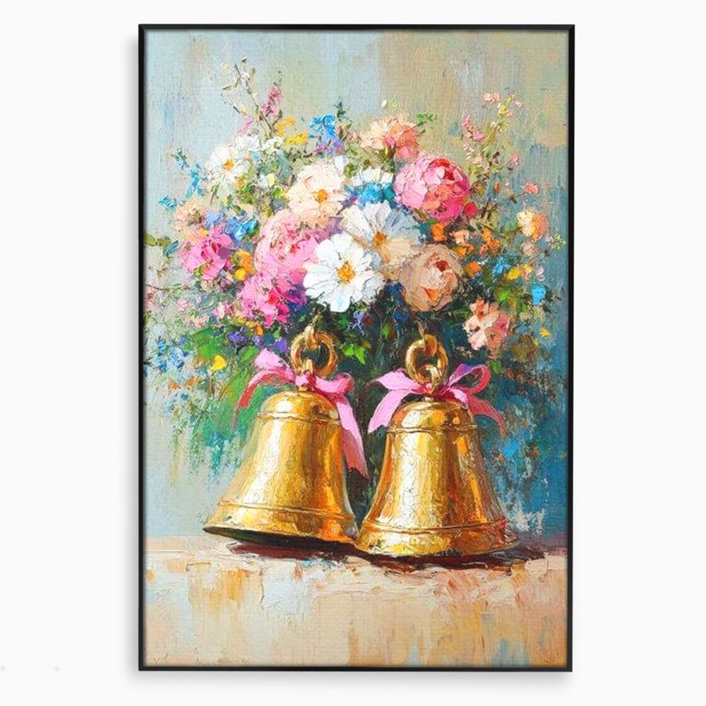 Tablou canvas cu pictura cu clopotei aurii si bujori, in rama de aluminiu negru