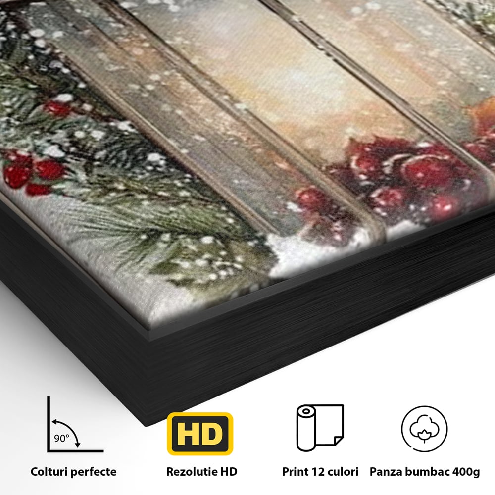 Detaliu al suprafetei: tablou canvas cu felinar de iarna, in rama de aluminiu negru