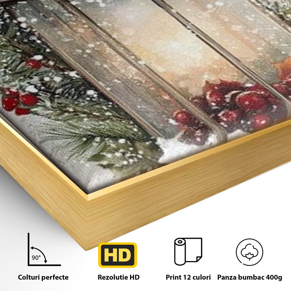 Detaliu al suprafetei: tablou canvas cu felinar de iarna, in rama de aluminiu auriu