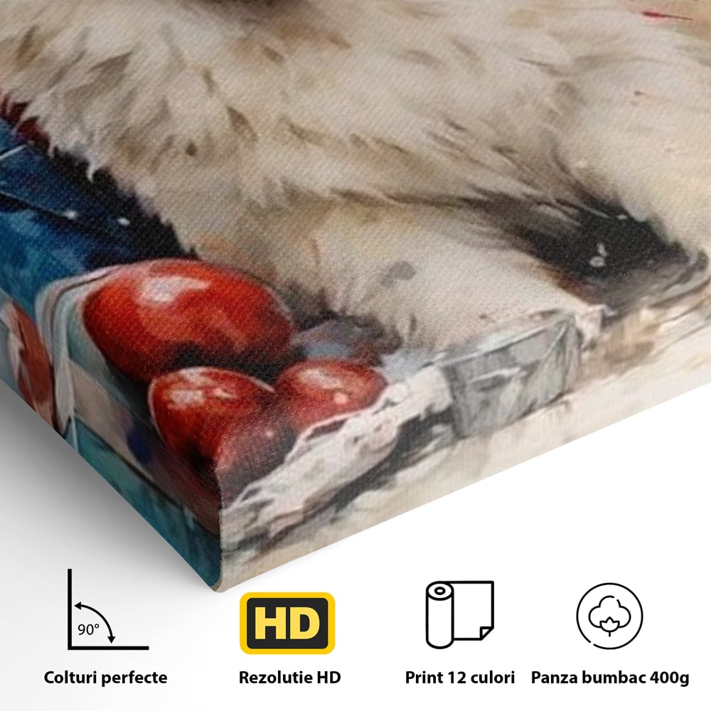 Detaliu al suprafetei: tablou canvas cu catel samoyed, fara rama, pe sasiu de lemn
