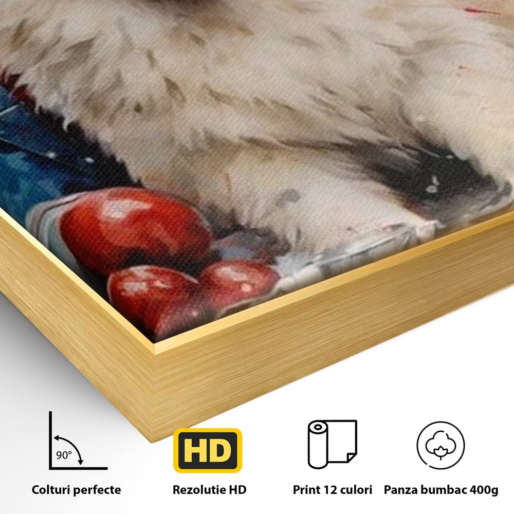 Detaliu al suprafetei: tablou canvas cu catel samoyed, in rama de aluminiu auriu