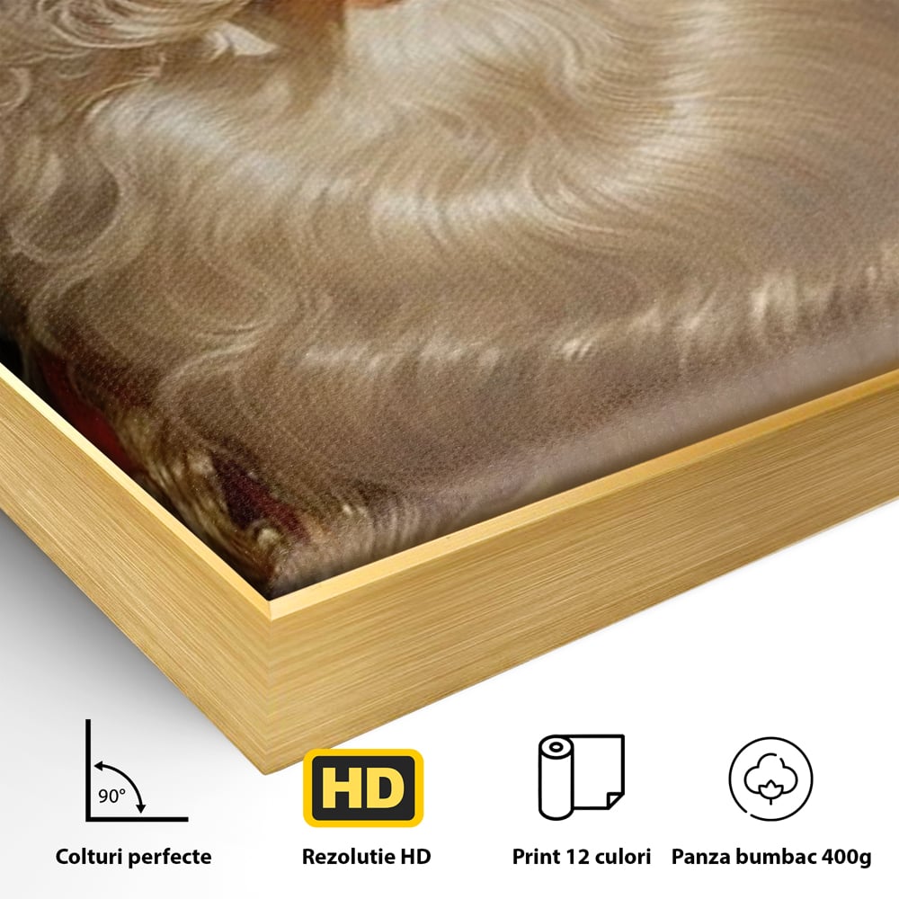 Detaliu al suprafetei: tablou canvas cu portretul lui mos craciun, in rama de aluminiu auriu