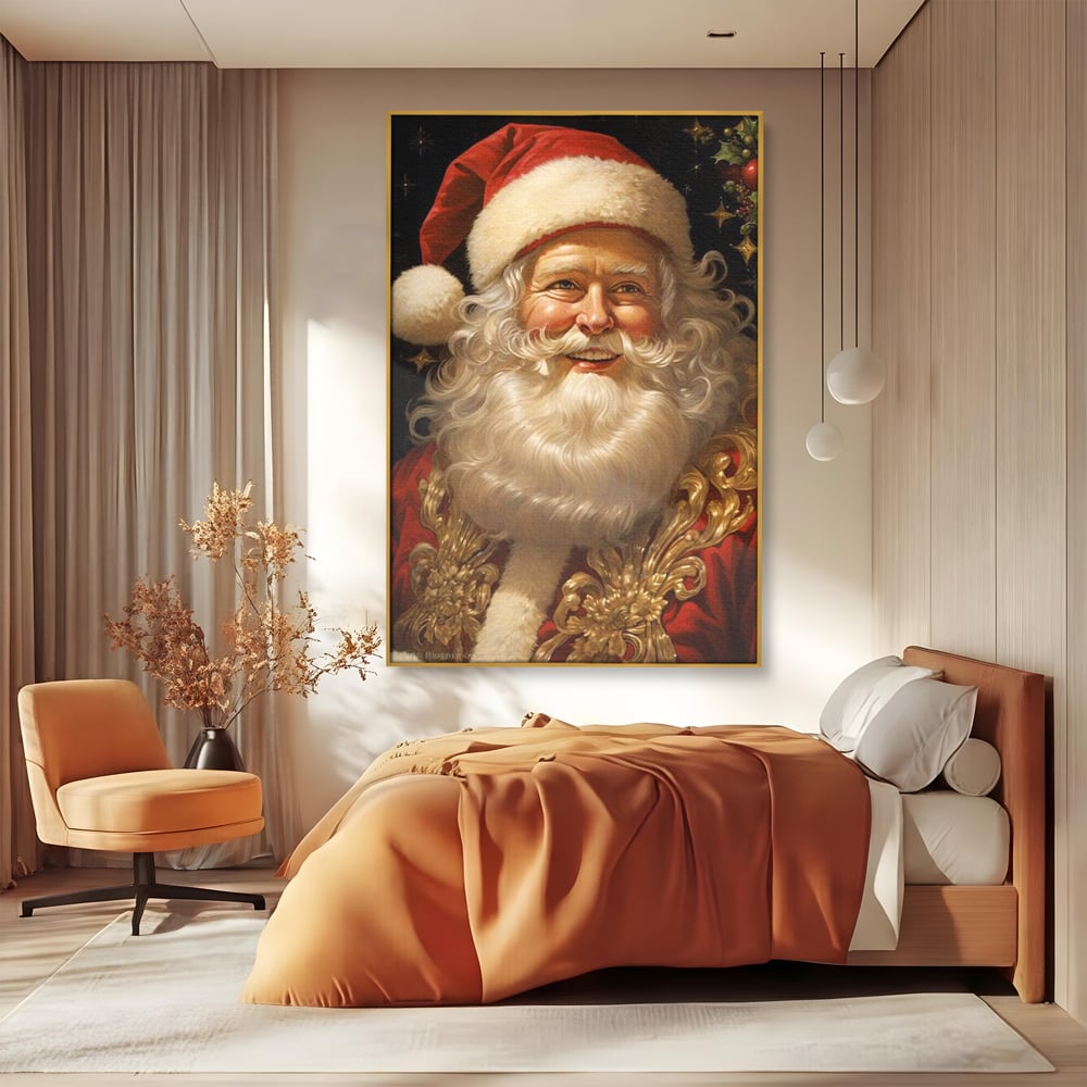 Tablou canvas cu tablou canvas cu portretul lui mos craciun, in rama de aluminiu auriu, pe perete intr-un dormitor