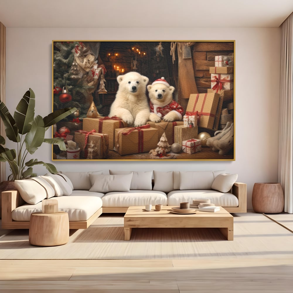 Tablou canvas cu doi ursuleti polari printre cadouri de craciun, in rama de aluminiu auriu, pe perete intr-un living