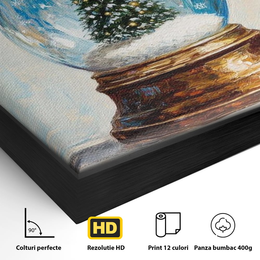 Detaliu al suprafetei: tablou canvas cu glob de craciun, in rama de aluminiu negru
