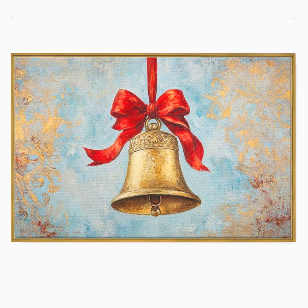 Tablou canvas cu pictura cu un clopot auriu si funda rosie, in rama de aluminiu auriu