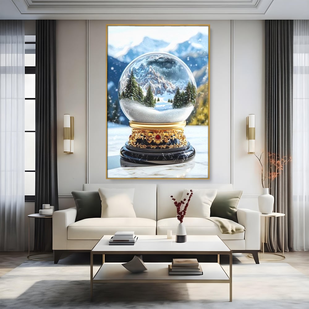 Tablou canvas cu tablou canvas cu glob de sticla si munti, in rama de aluminiu auriu, pe perete intr-un living