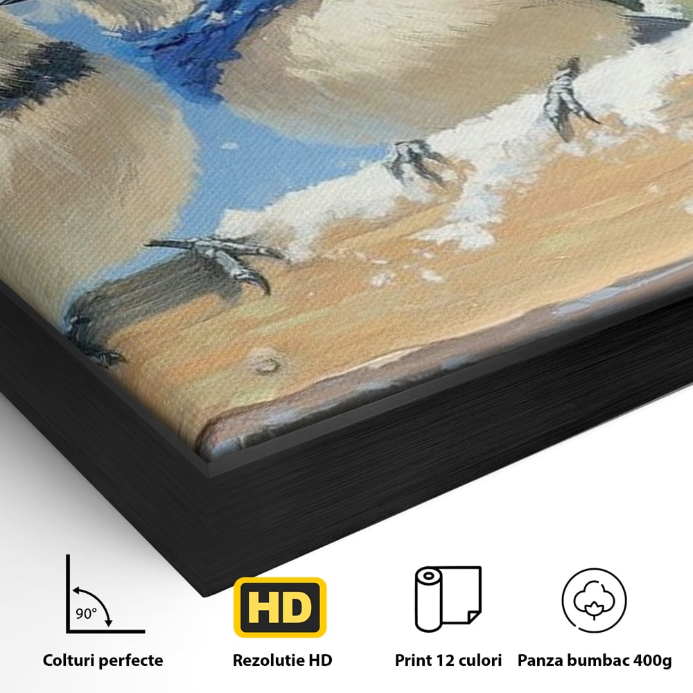 Detaliu al suprafetei: tablou canvas cu trei vrabiute cu caciulite de iarna, in rama de aluminiu negru