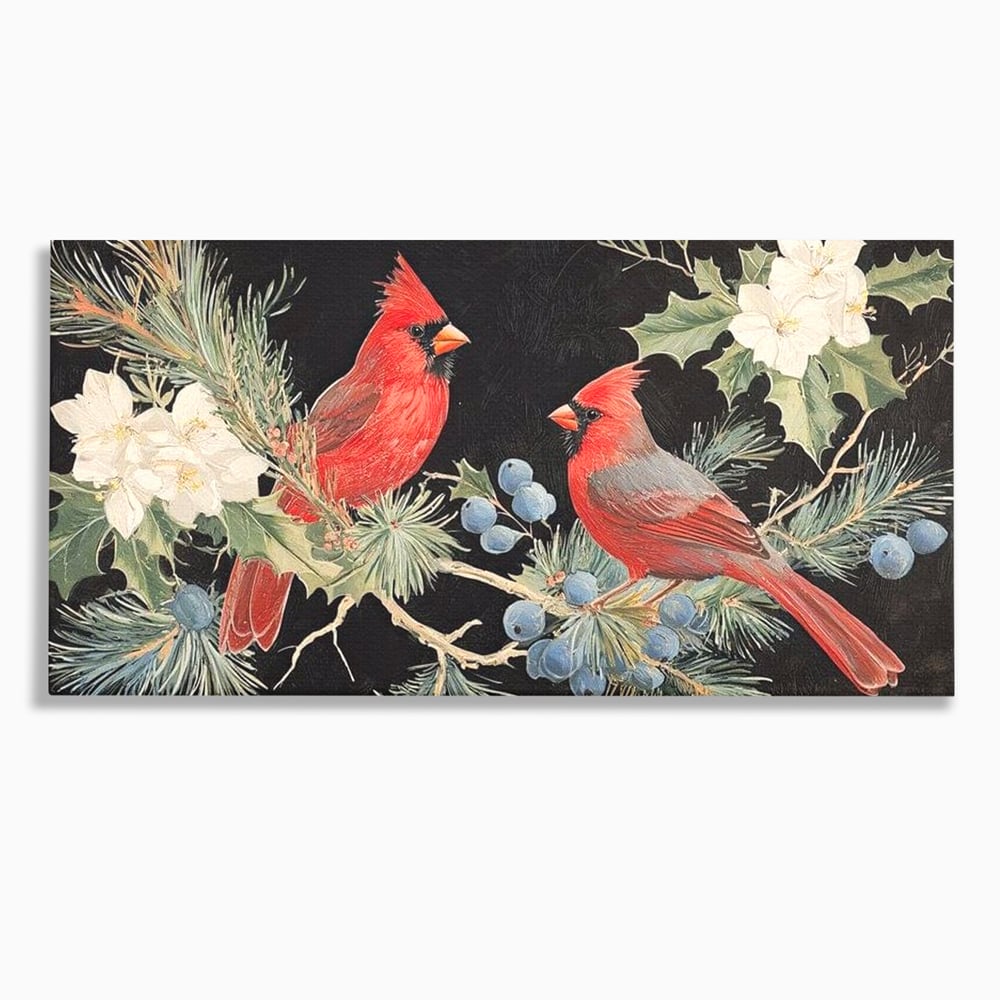 Tablou canvas cu tablou canvas cu doi cardinali pe ramuri, fara rama, pe sasiu de lemn