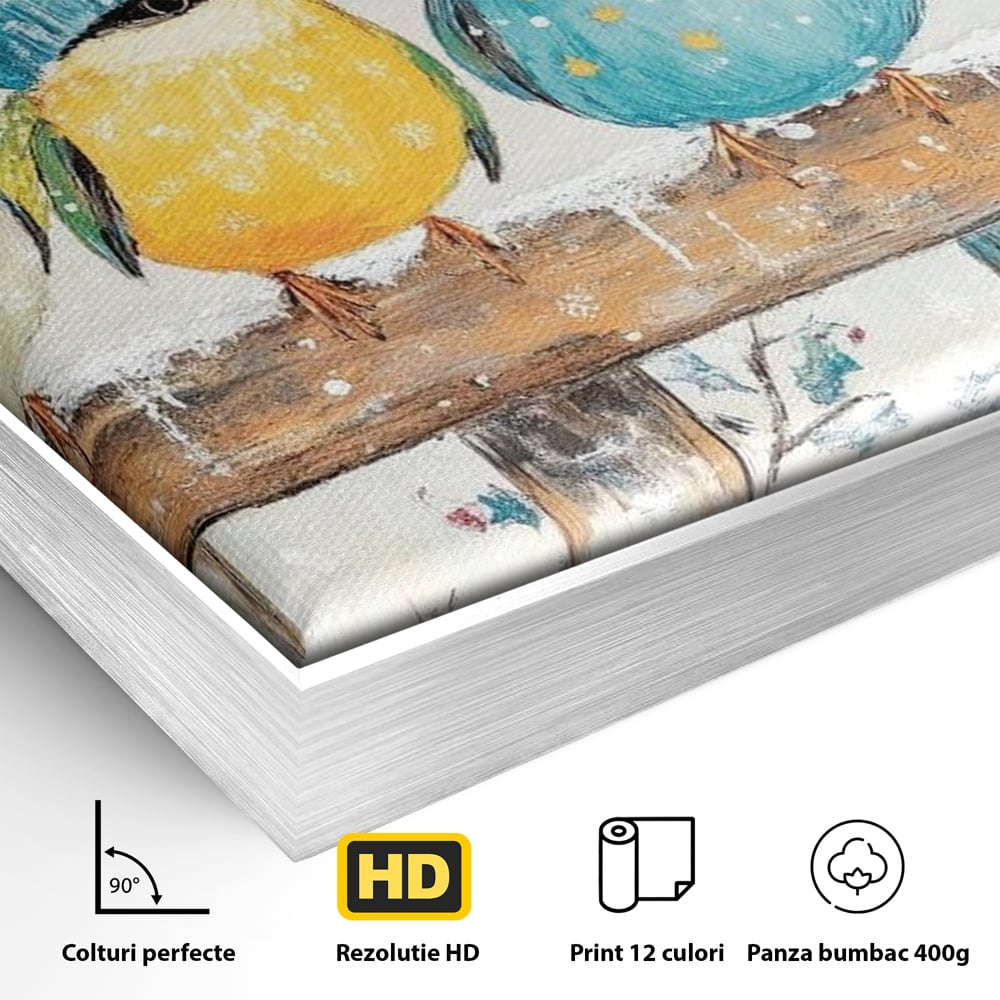 Detaliu al suprafetei: tablou canvas cu vrabiute colorate in iarna, in rama de aluminiu argintiu