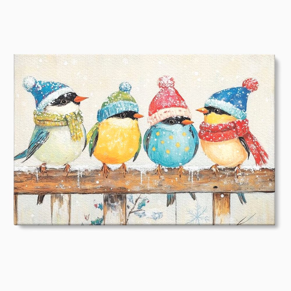 Tablou canvas cu tablou canvas cu vrabiute colorate in iarna, fara rama, pe sasiu de lemn