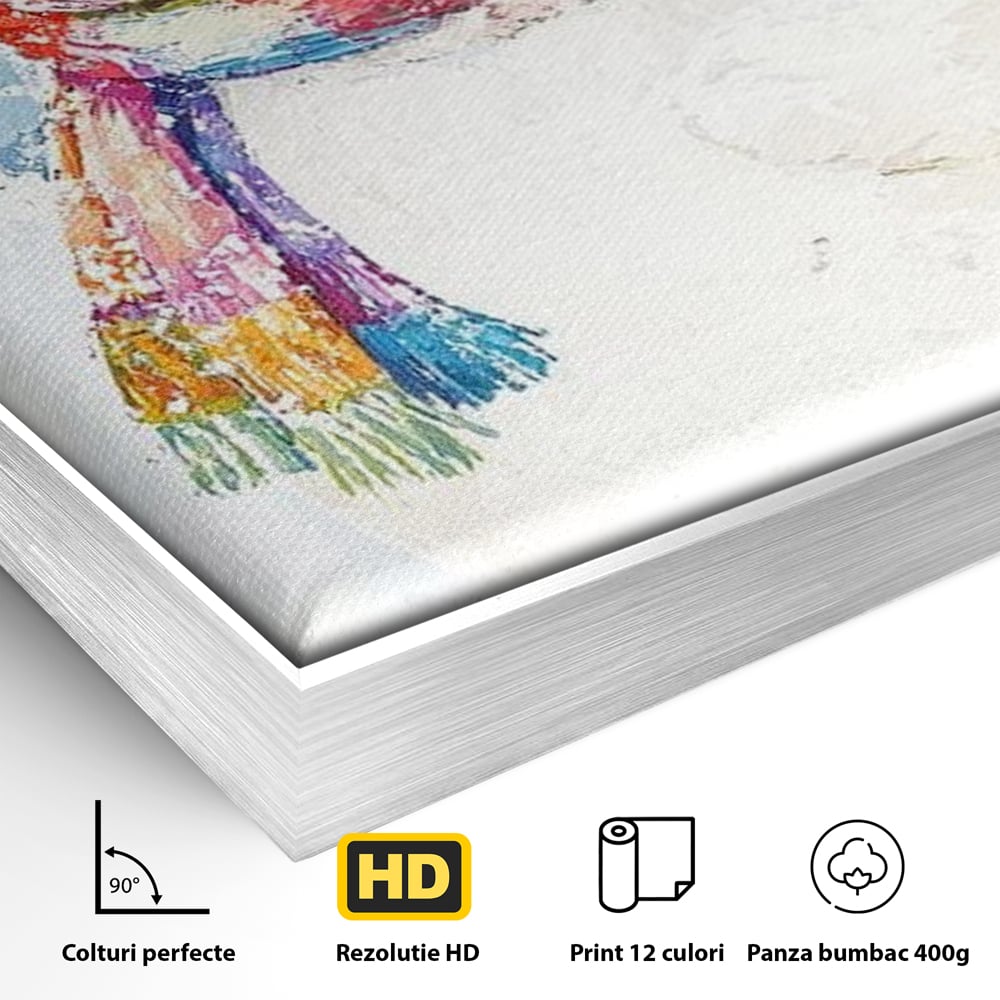 Detaliu al suprafetei: tablou canvas cu rata imbracata de iarna, in rama de aluminiu argintiu