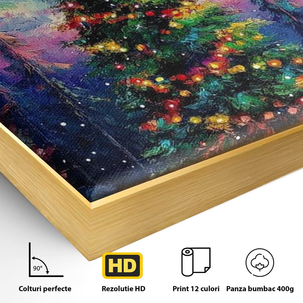 Detaliu al suprafetei: tablou canvas cu brad de craciun si aurora boreala, in rama de aluminiu auriu