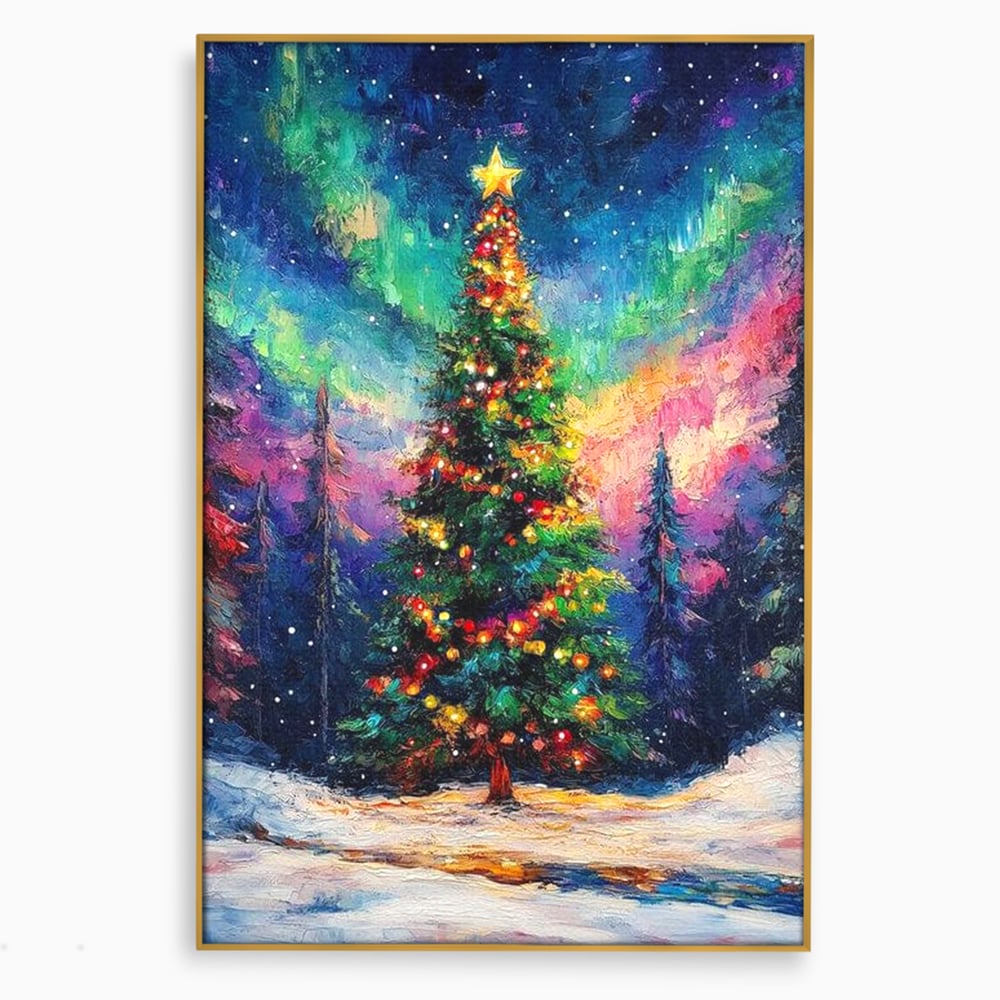 Tablou canvas cu tablou canvas cu brad de craciun si aurora boreala, in rama de aluminiu auriu