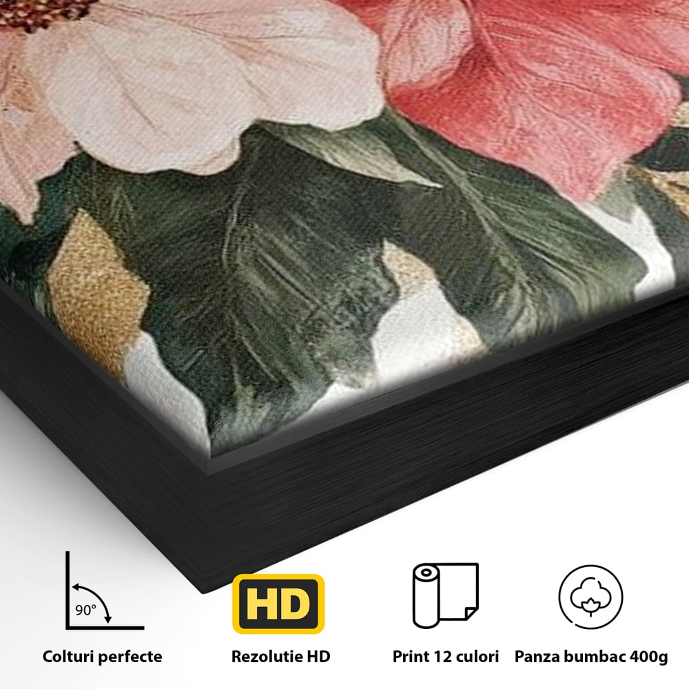 Detaliu al suprafetei: tablou canvas cu flori de craciun, in rama de aluminiu negru