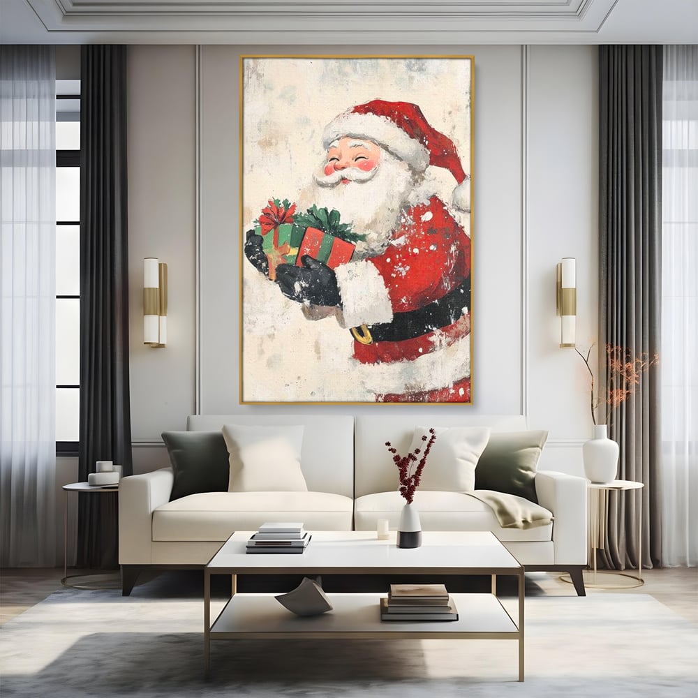 Tablou canvas cu ilustratie vintage cu mos craciun, in rama de aluminiu auriu, pe perete intr-un living