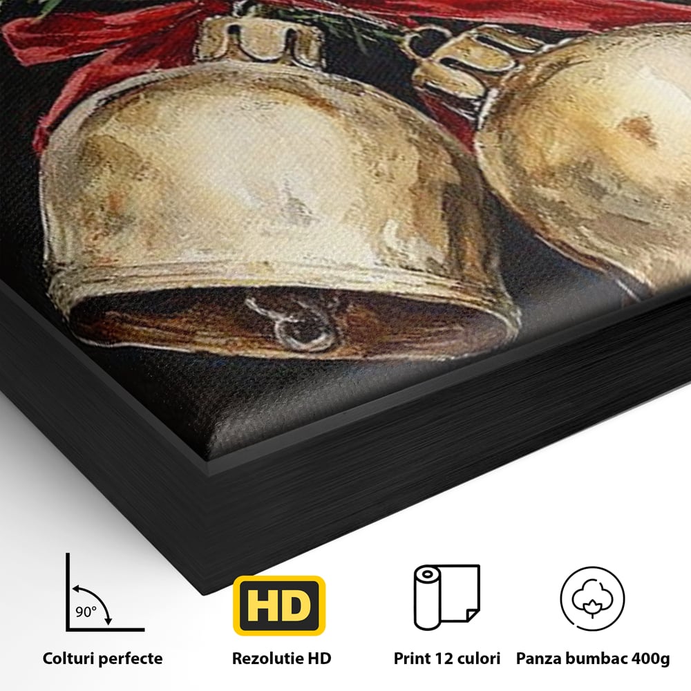 Detaliu al suprafetei: tablou canvas cu clopotei de craciun, in rama de aluminiu negru