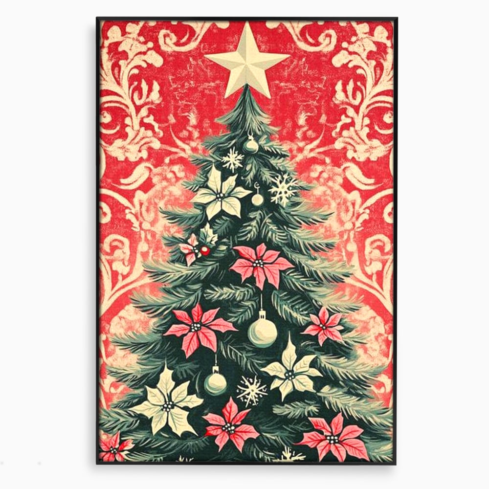 Tablou canvas cu ilustratie vintage cu brad de craciun, in rama de aluminiu negru