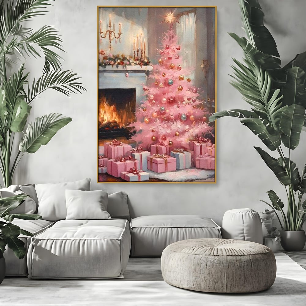 Tablou canvas cu pictura cu brad roz si semineu, in rama de aluminiu auriu, pe perete intr-un living