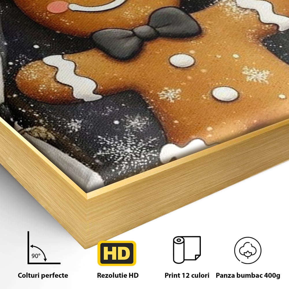 Detaliu al suprafetei: tablou canvas cu omulet din turta dulce, in rama de aluminiu auriu