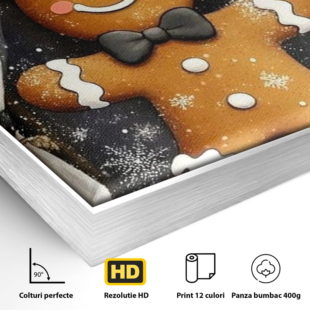 Detaliu al suprafetei: tablou canvas cu omulet din turta dulce, in rama de aluminiu argintiu