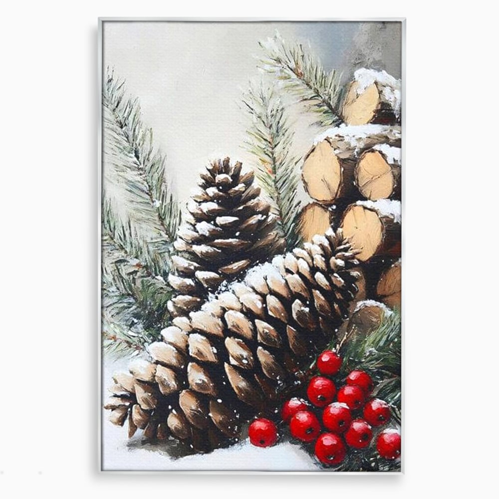Tablou canvas cu pictura cu conuri de brad si bobite rosii, in rama de aluminiu argintiu