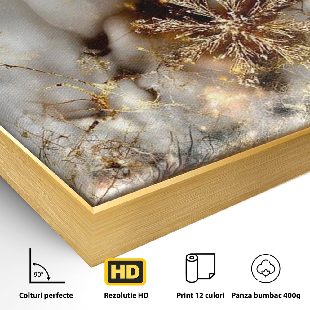 Detaliu al suprafetei: tablou canvas cu fulgi de zapada aurii, in rama de aluminiu auriu