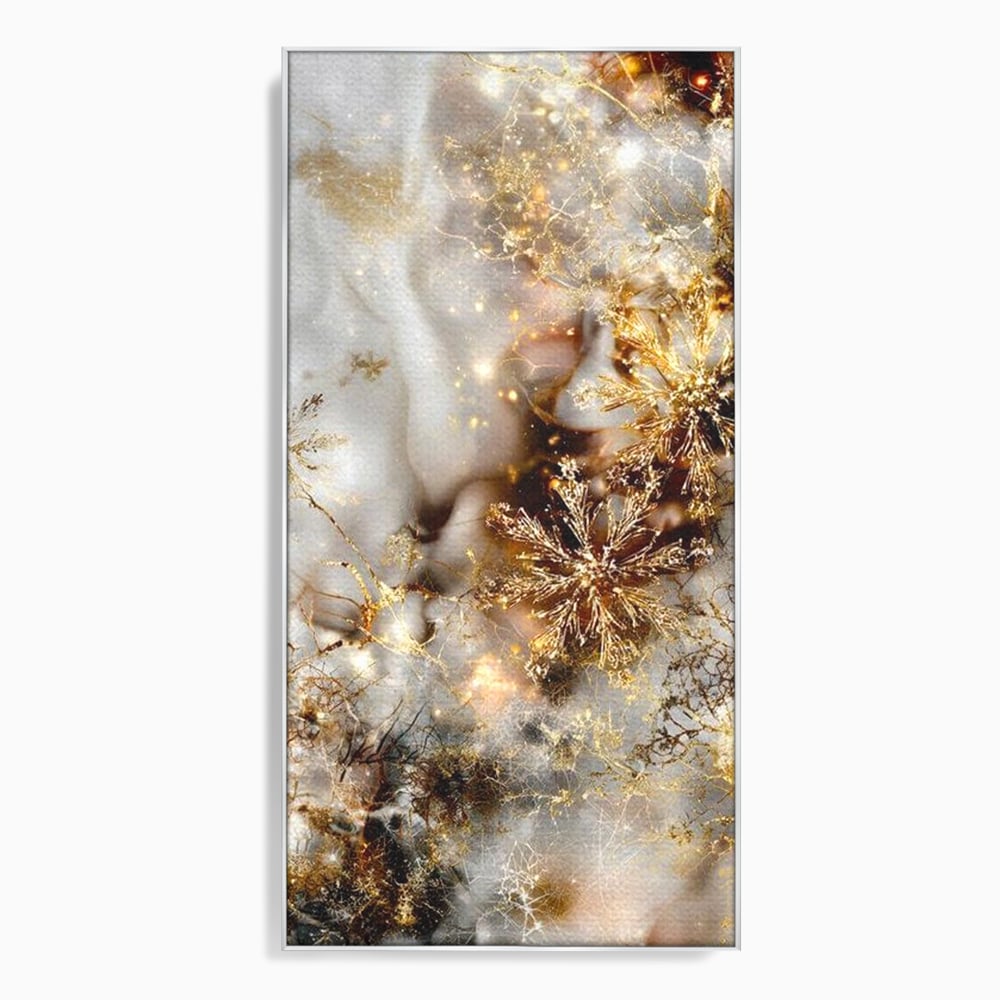 Tablou canvas cu tablou canvas cu fulgi de zapada aurii, in rama de aluminiu argintiu